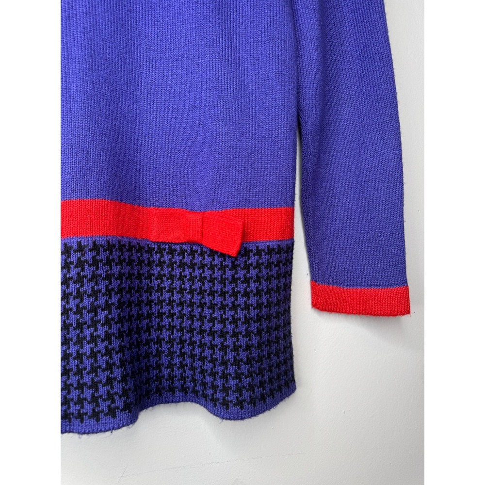 Neiman Marcus Ami Vintage Blue Houndstooth Bow Shoulder Button Knit Sweater S